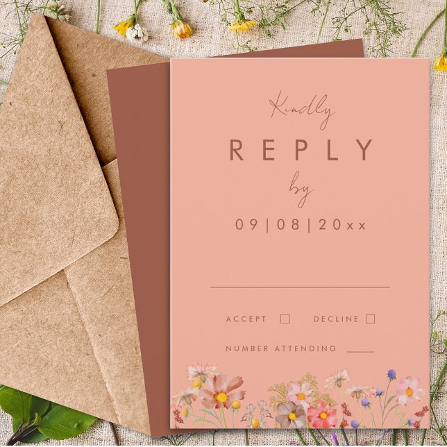 Boho Wildflower Terracotta Fall Wedding Reply RSVP Card (Boho wildflower terracotta burnt orange fall wedding invitation reply enclosure card)