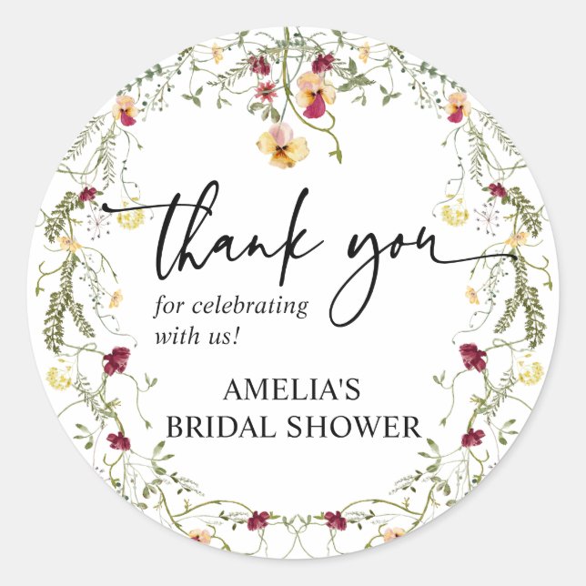 Boho Wildflower Thank You Bridal Shower Favour Classic Round Sticker (Front)