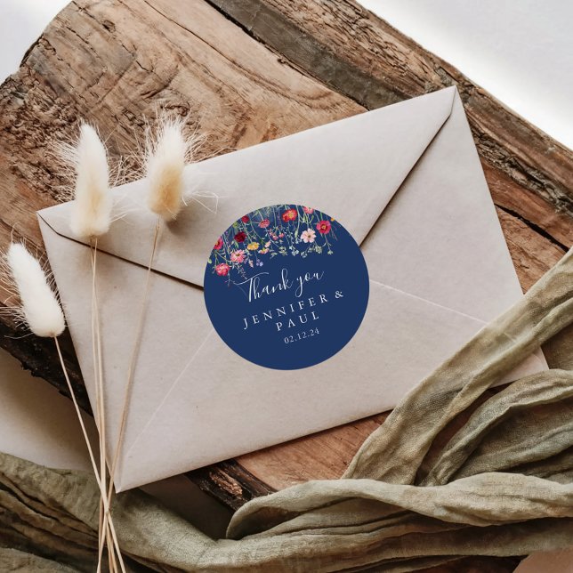 Boho Wildflower Thank You Wedding Favour Classic Round Sticker (Creator Uploaded)