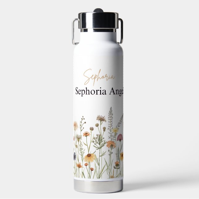 Boho Wildflower Water Bottle with Custom name (Front)