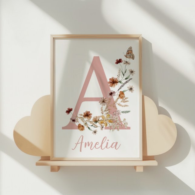 Boho Wildflower Watercolor Baby Girl Name    Poster (Boho wildflower baby girl name monogram watercolor poster)