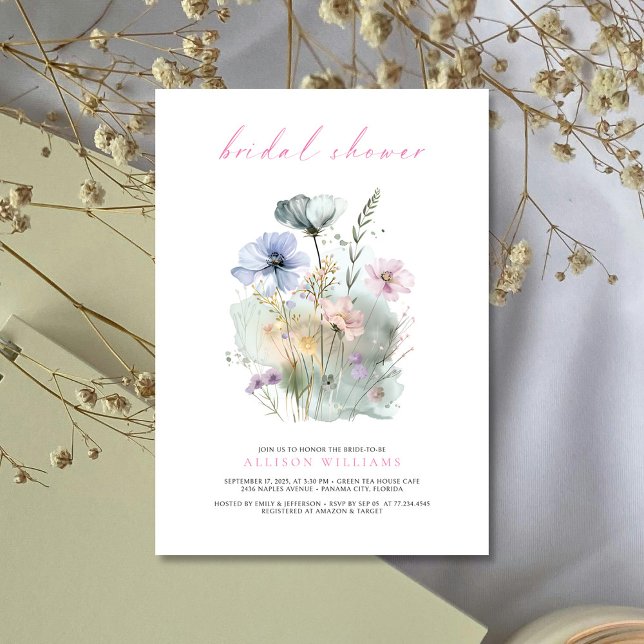 Boho Wildflower Watercolor Bridal Shower Invitation (Elegant Blush & Boho: Wildflower Bridal Shower Invitation Personalized)