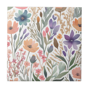 Boho Wildflower Watercolor Floral Pastel Accent Ceramic Tile