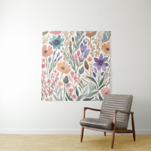 Boho Wildflower Watercolor Floral Pastel Wall Tapestry