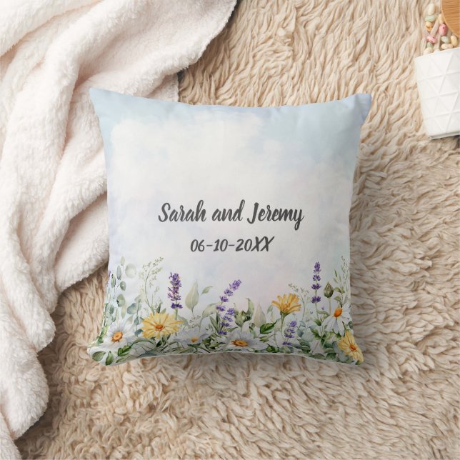 Boho Wildflower Watercolor Personalise Wedding Cushion (Blanket)