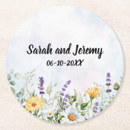 Boho Wildflower Watercolor Personalise Wedding Round Paper Coaster