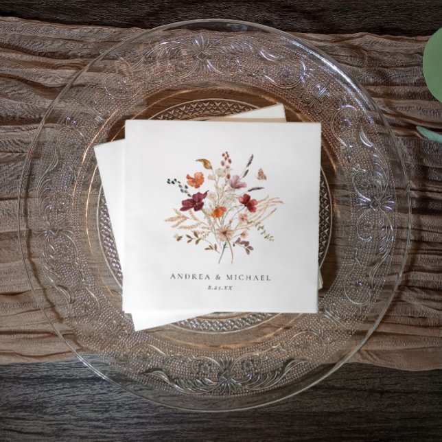 Boho Wildflower Wedding Fall Floral Napkin (Soft watercolor wildflower napkin with names and date—ideal for rustic, boho, or garden weddings.)