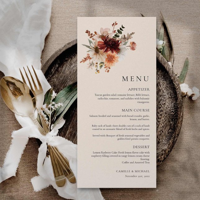 Boho Wildflower Wedding Menu Card (Elegant Burgundy Floral Wedding Menu Card)