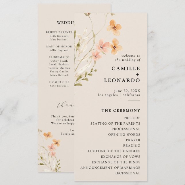 Boho Wildflower Wedding Program  (Front/Back)