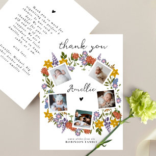 Boho Wildflower Wreath Photo Collage Baby Shower Thank You Card