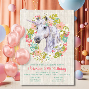 Boho Wildflower Wreath Unicorn Birthday Party Invitation