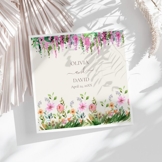 Boho Wildflowers and Acacia Wedding Napkins (Boho Wildflowers and Acacia Wedding Napkins on a sunny white table.)