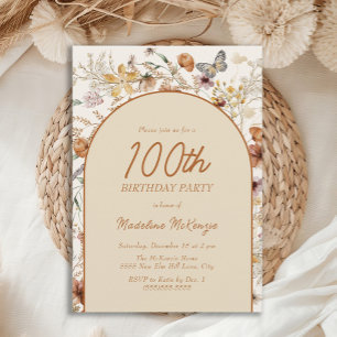 Boho Wildflowers Arch 100th Birthday Invitation
