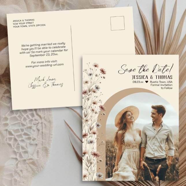Boho Wildflowers Arch Photo Wedding Save the Date Announcement Postcard (Back/Front)