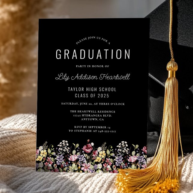 Boho Wildflowers Black Graduation Party Invitation (Creator Uploaded)