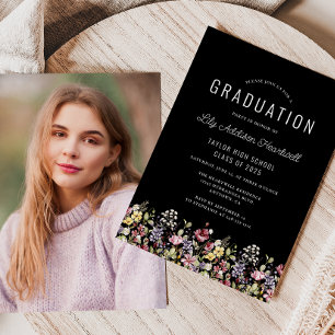 Boho Wildflowers Black Photo Graduation Invitation