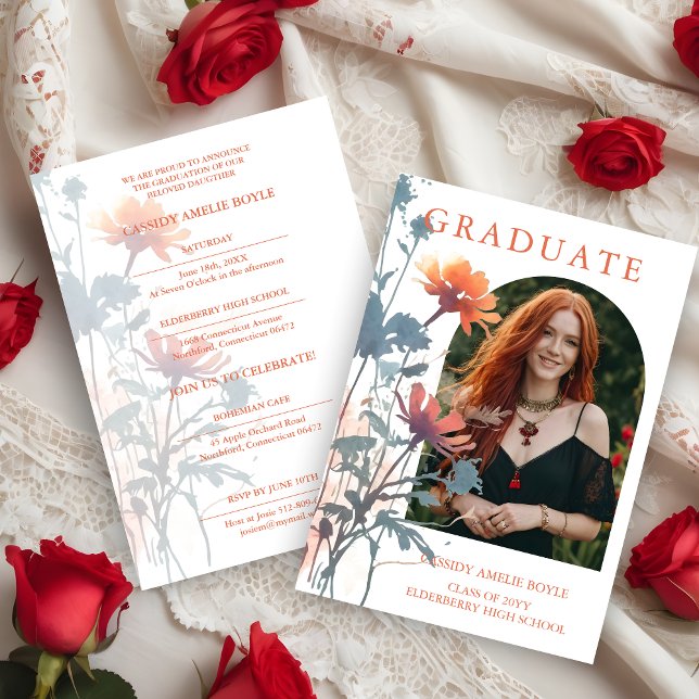 Boho Wildflowers Bunch Photo Modern Arch Photo Invitation (Boho Wildflowers Bunch Photo Modern Arch Frame Graduate Invitation Card. )