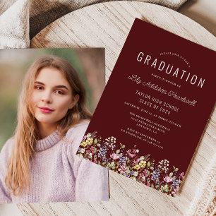 Boho Wildflowers Burgundy Photo Graduation Invitation