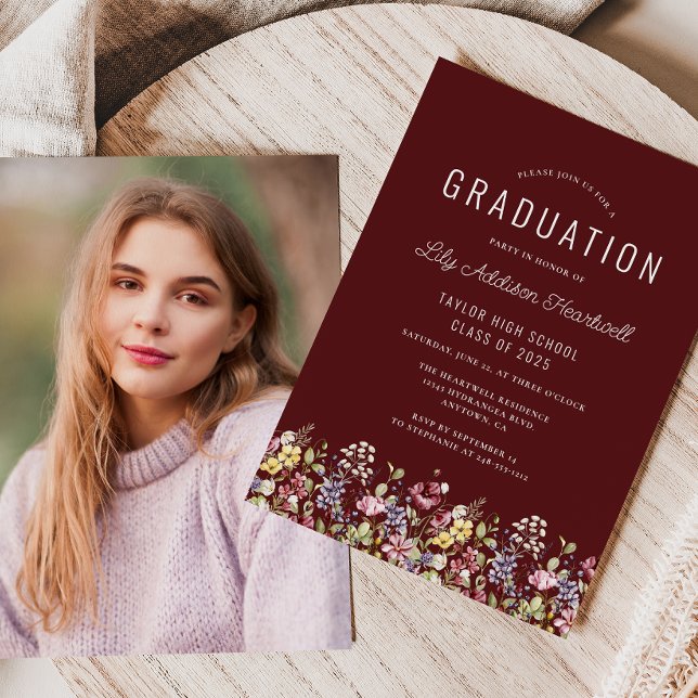 Boho Wildflowers Burgundy Photo Graduation Invitation (Creator Uploaded)