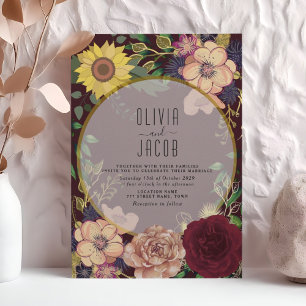 Boho Wildflowers Burgundy Wedding Invitation