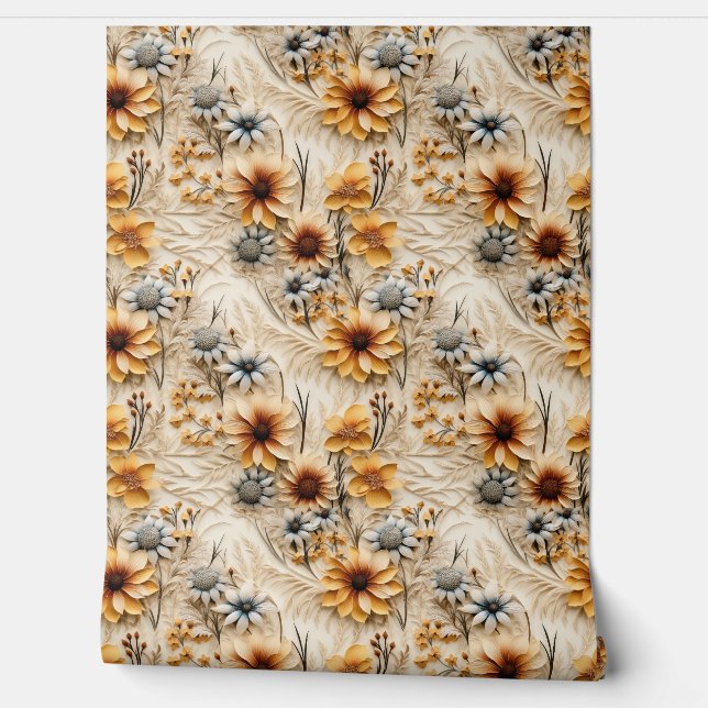 Boho wildflowers burn orange fall colours floral wallpaper (Unrolling)