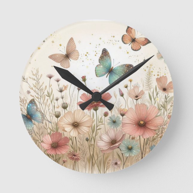 Boho Wildflowers & butterflies  Round Clock (Front)