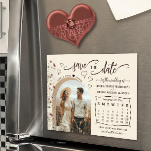 Boho Wildflowers Calendar & Photo Save the Date Magnetic Invitation