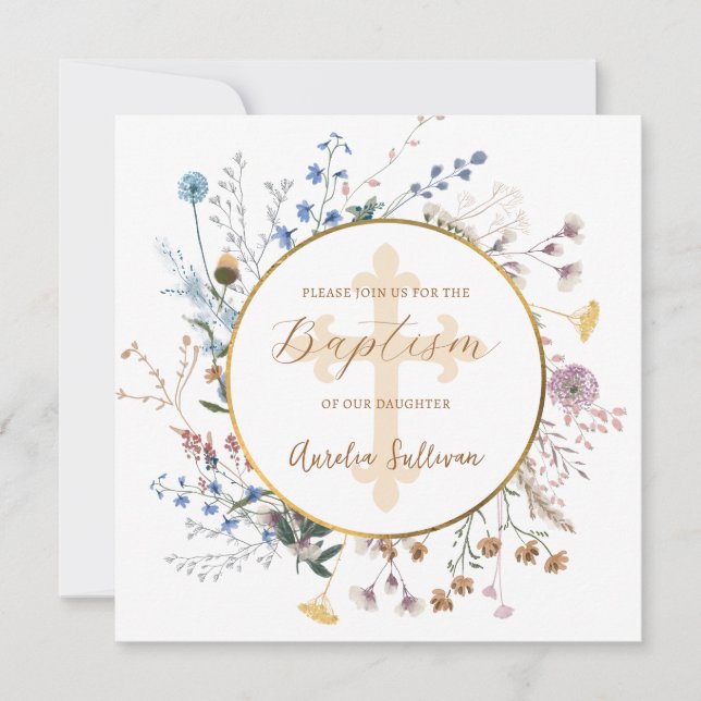Boho wildflowers Circle Baptism Invitation (Front)