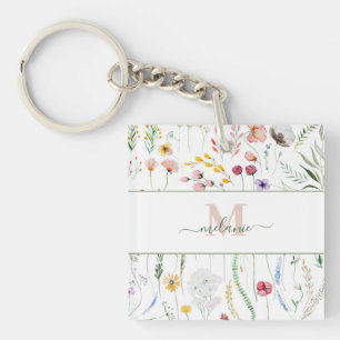 Boho Wildflowers Custom Name Monogram Key Ring