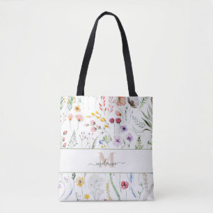 Boho Wildflowers Custom Name Monogram Tote Bag