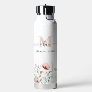 Boho Wildflowers Custom Name Monogram Water Bottle