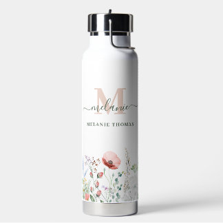 Boho Wildflowers Custom Name Monogram Water Bottle
