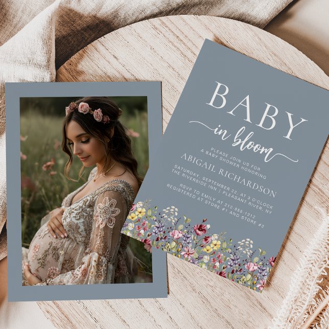 Boho Wildflowers Dusty Blue Photo Baby Shower Invitation (Creator Uploaded)