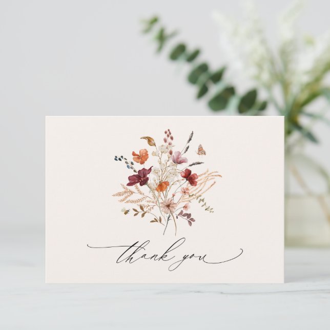 Boho Wildflowers Elegant Fall Wedding Thank You Card (Standing Front)