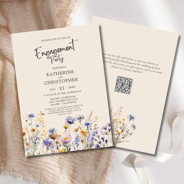 BOHO Wildflowers Engagement Party Elegant Beige Invitation (BOHO Wildflowers Elegant Engagement Party Invitation with Purple, Blue, Yellow Flowers, QR Code.)