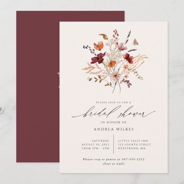 Boho Wildflowers Fall Bridal Shower Invitation (Front/Back)