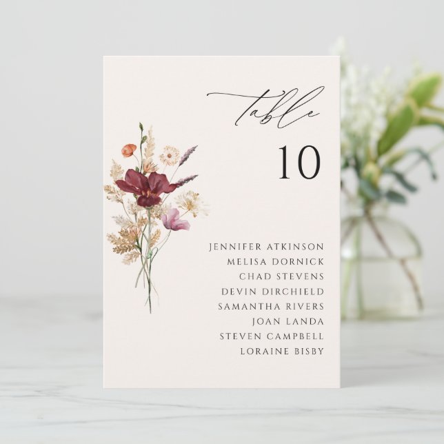 Boho Wildflowers Fall Wedding Seating Chart Cards (Standing Front)