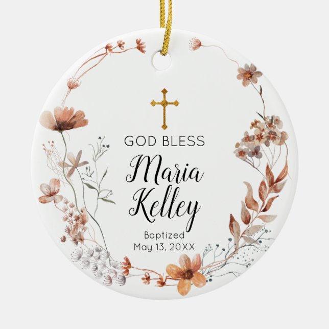 Boho Wildflowers Floral Personalized Girl Baptism  Ceramic Ornament (Front)