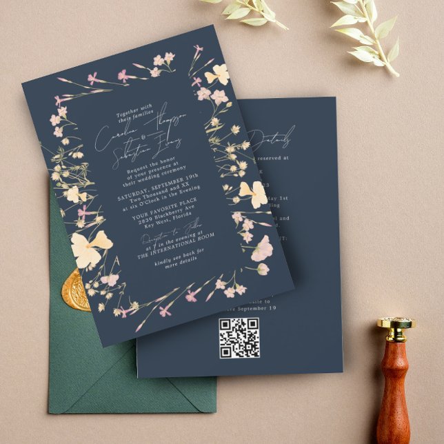Boho Wildflowers Frame Navy RSVP QR Code Wedding  Invitation (Creator Uploaded)