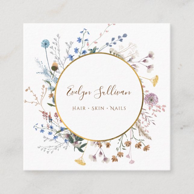 Boho wildflowers gold circle business card (Front)