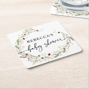 Boho Wildflowers Greenery Baby Shower Square Paper Coaster