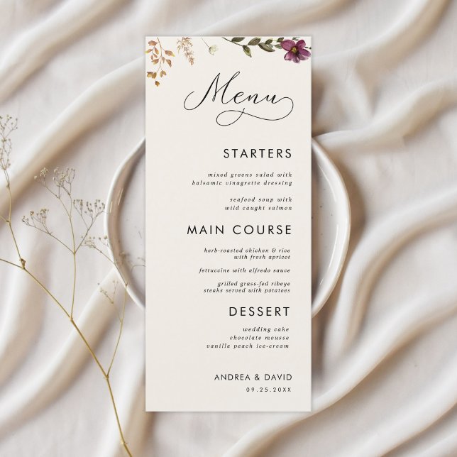 Boho Wildflowers Ivory Cream Wedding Three Course Menu (Creator Uploaded)