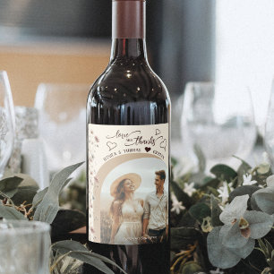 Boho Wildflowers Love Thanks Photo Hearts Wedding Wine Label