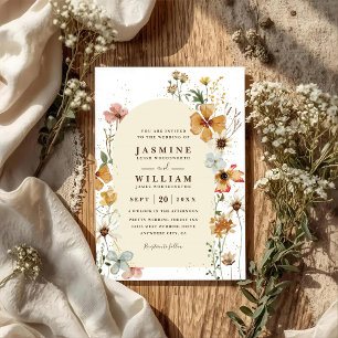 Boho Wildflowers Meadow Arch Chic QR Code Wedding Invitation