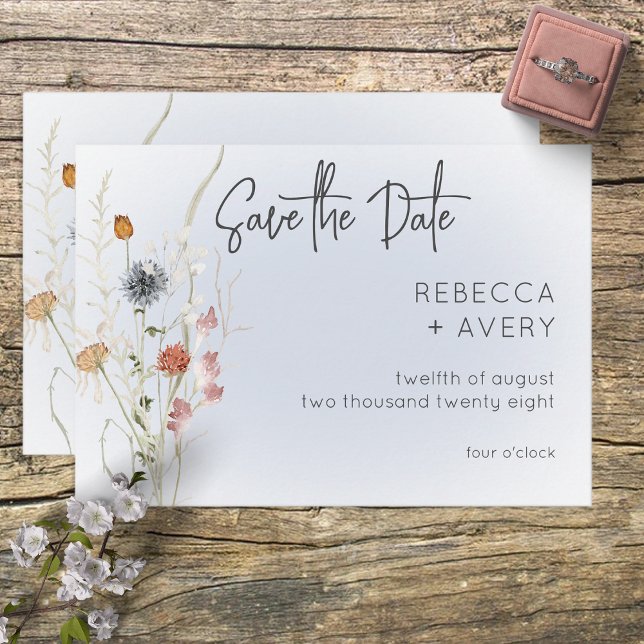 Boho Wildflowers Modern Blue Save the Date Card (Creator Uploaded)