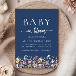 Boho Wildflowers Navy Blue Baby Shower Invitation