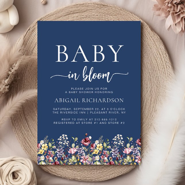 Boho Wildflowers Navy Blue Baby Shower Invitation (Creator Uploaded)