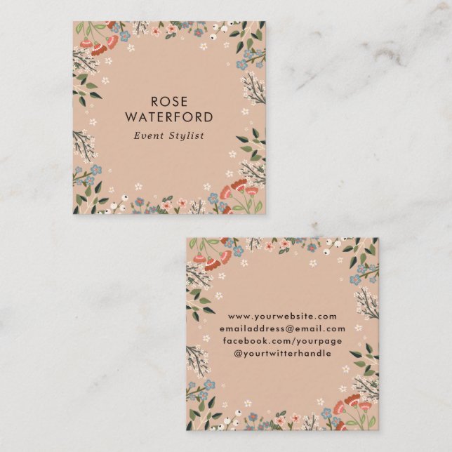 Boho Wildflowers - Neutral Boho Colour Palette Square Business Card (Front/Back)