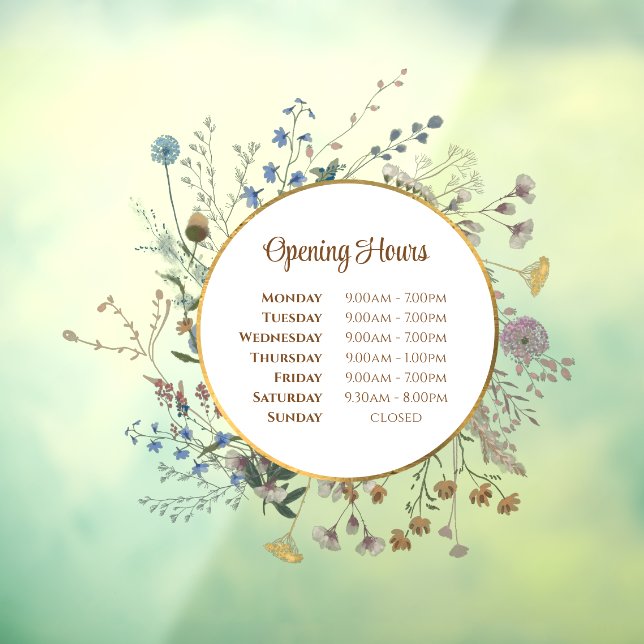Boho Wildflowers Opening Hours Window Cling (Sheet 3)