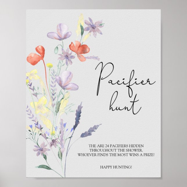 Boho Wildflowers pacifier hunt baby shower game Poster (Front)